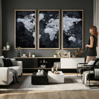 Black World Map Canvas Print | Detailed Map for Couples and Anniversary Gift