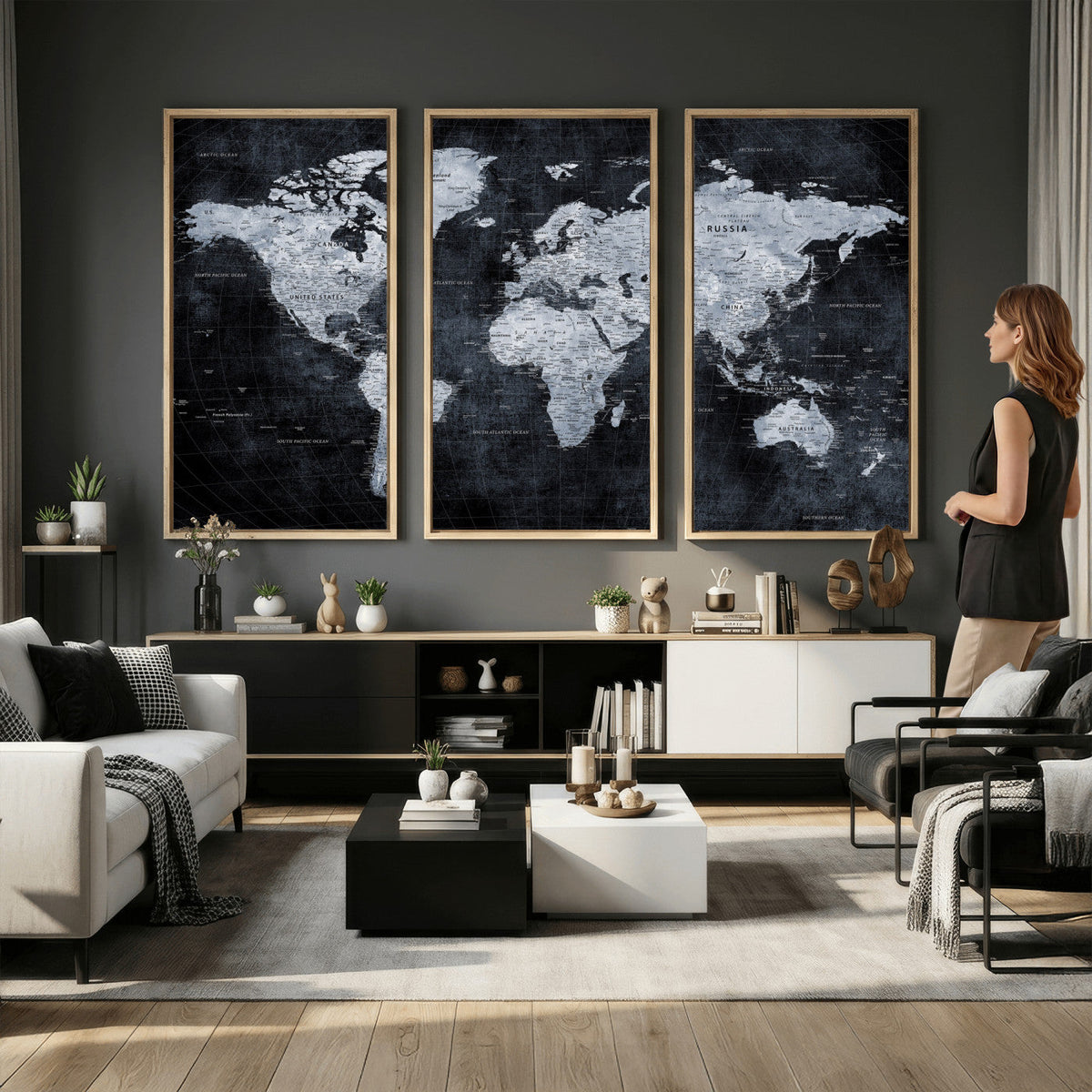 Black World Map Canvas Print | Detailed Map for Couples and Anniversary Gift