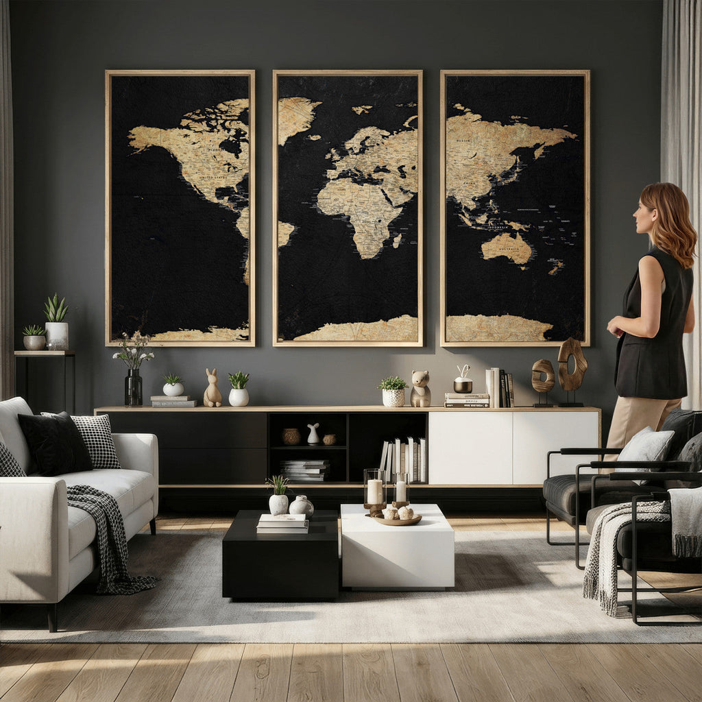 Beige World Map Canvas Wall Art Print, Minimal Black and Beige Map