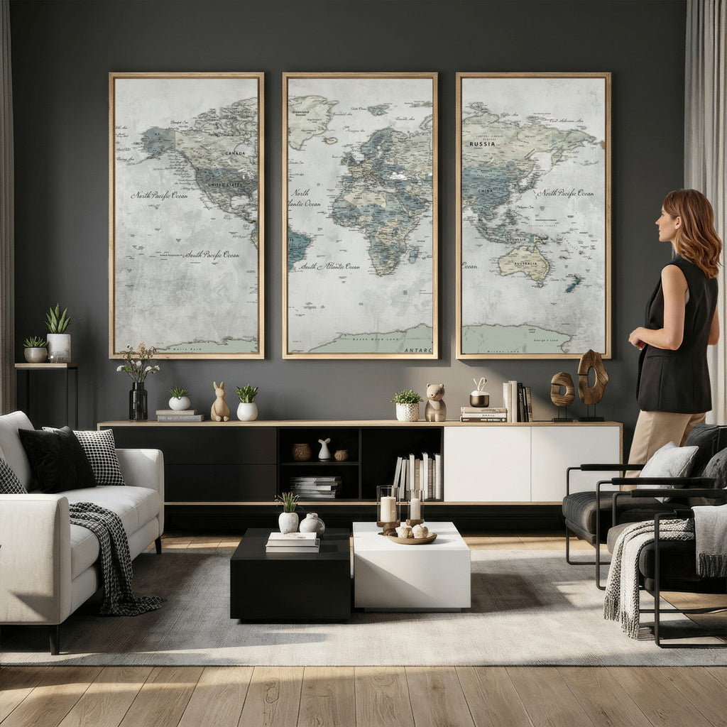 Neutral Vintage World Map Canvas Wall Art Print, Classic Map Artwork