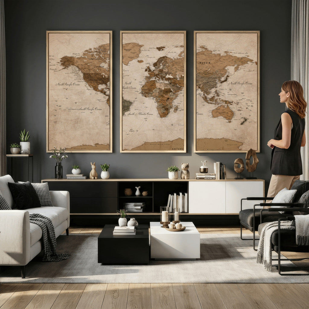 World Map Canvas Wall Art Print, Detailed Global Map Artwork