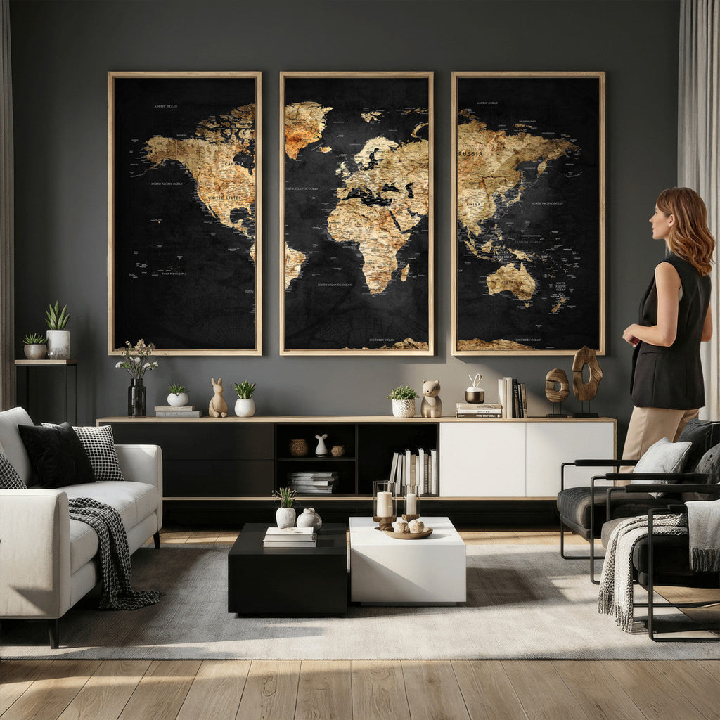 World Map Canvas Wall Art with Famous Landmarks | Framed Travel Map