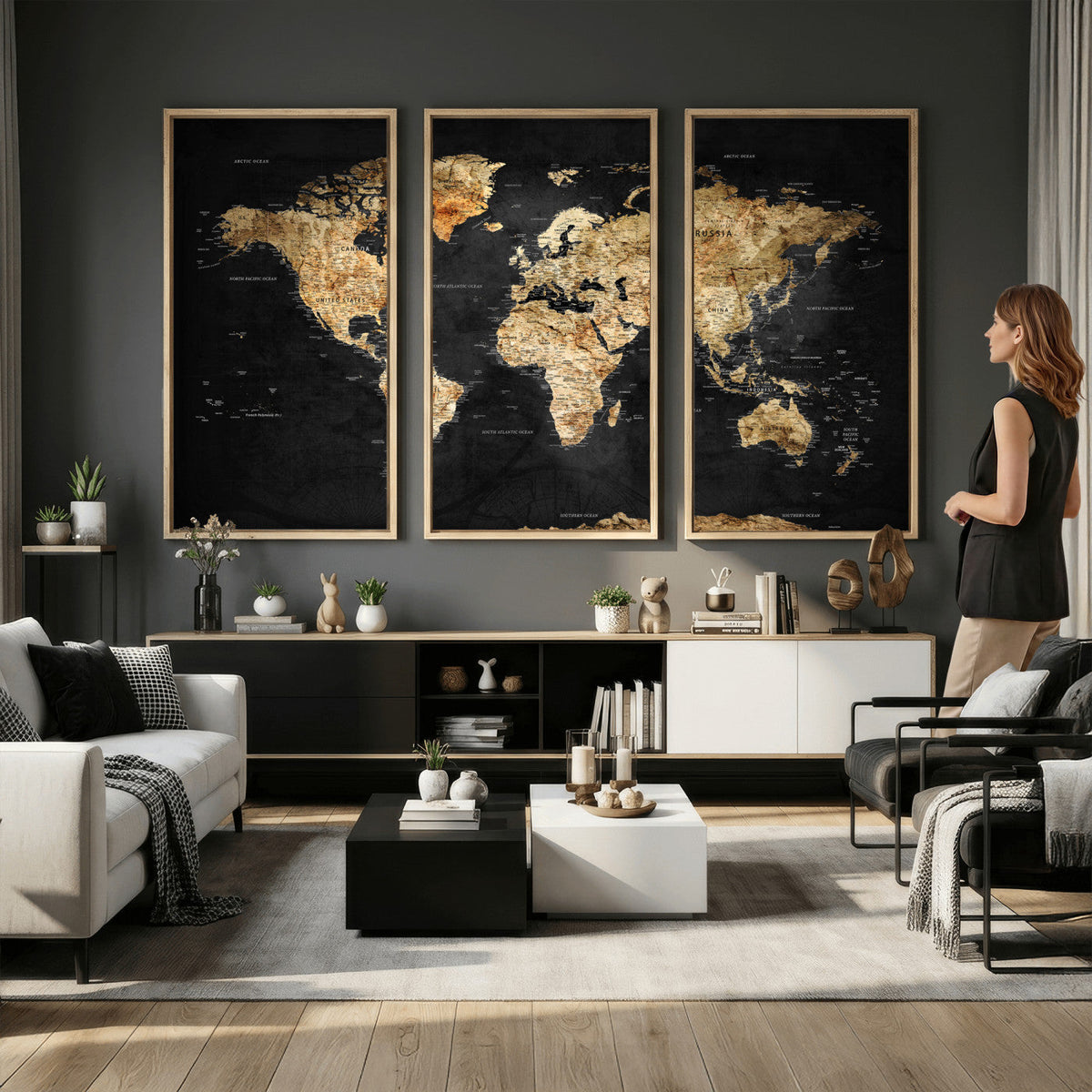 World Map Canvas Wall Art with Famous Landmarks | Framed Travel Map