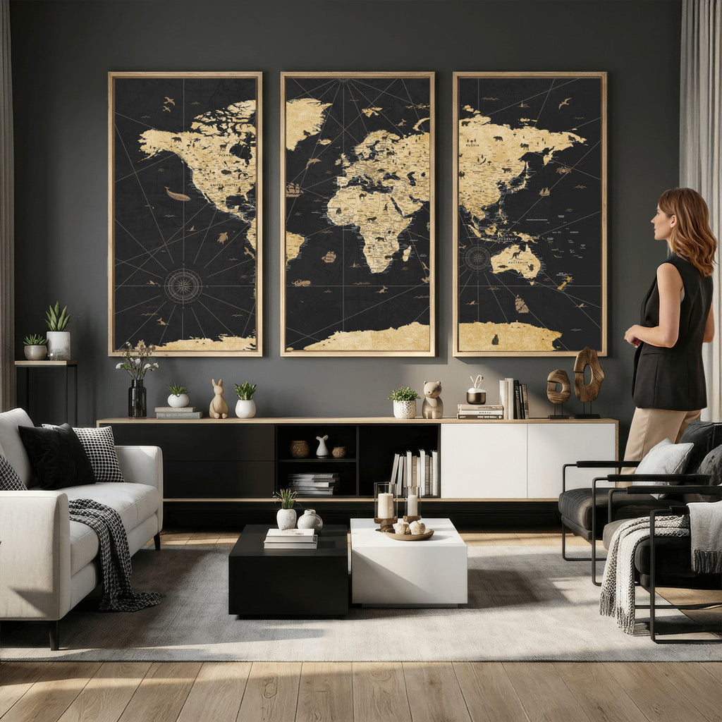 Vintage Blue and Brown World Map Canvas Wall Art | Framed Rustic Map Print