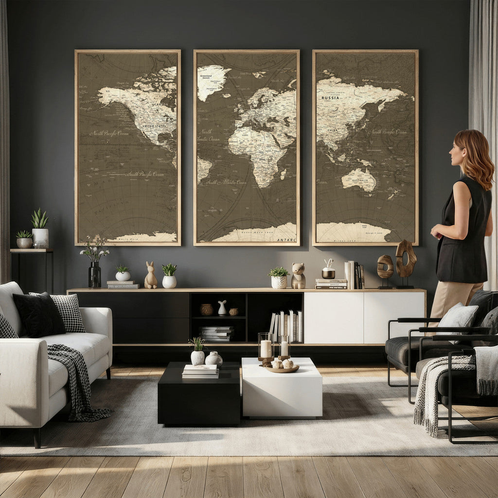 Vintage World Map Canvas Print | Framed Travel Map Wall Art for Couples