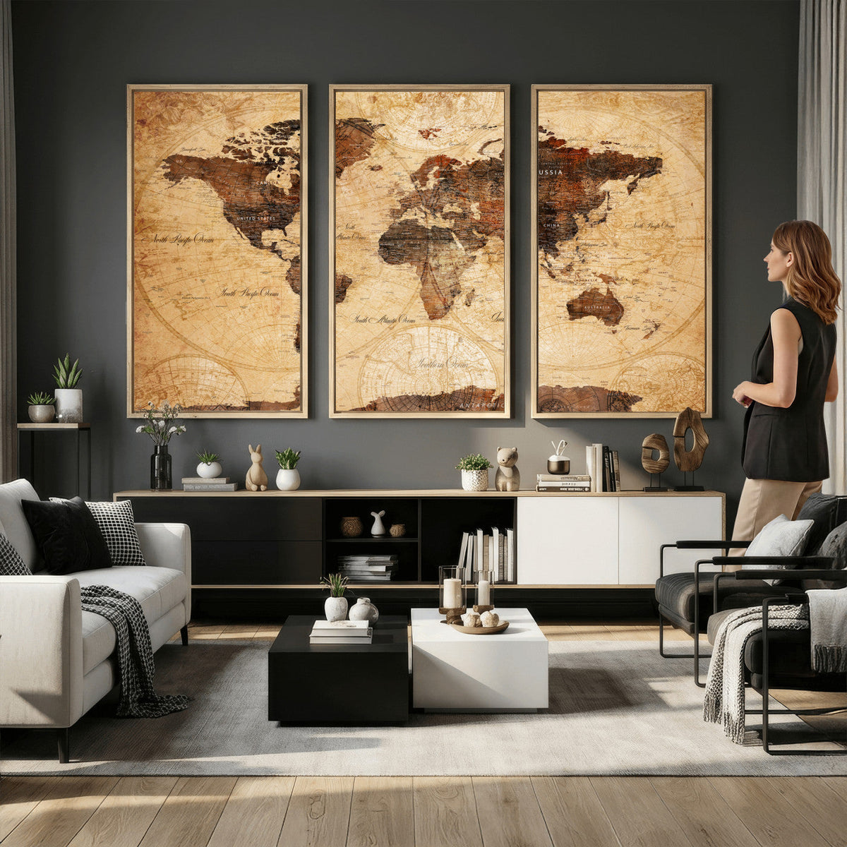 Modern Red and Gray World Map Canvas Print | Framed Wall Art