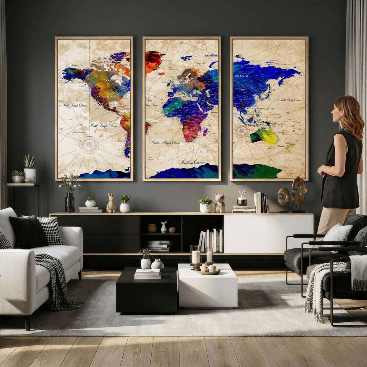 Watercolor World Map Canvas Print | Framed Wall Art for Couples