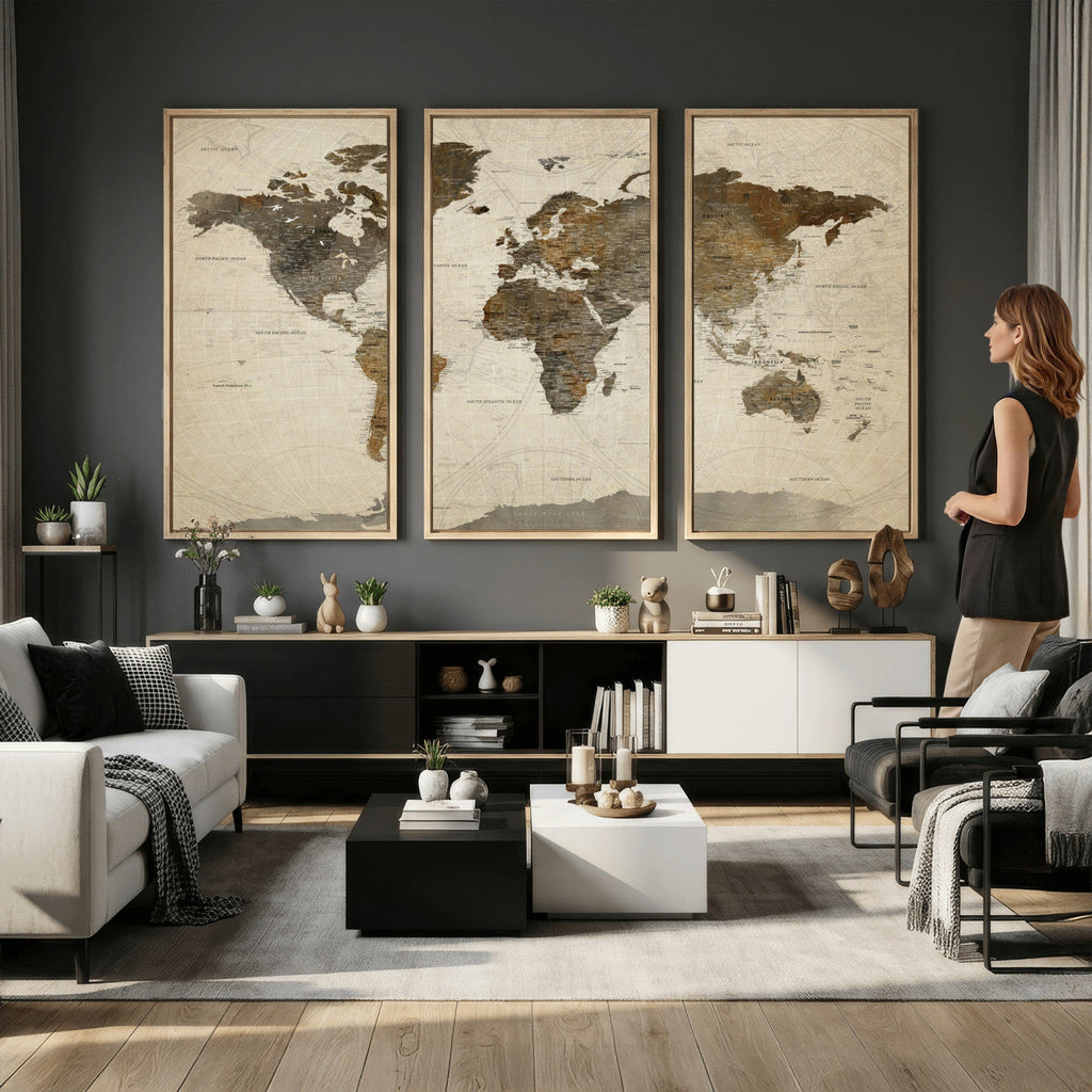 Vintage World Map Canvas Wall Art | Framed Antique Style Travel Map