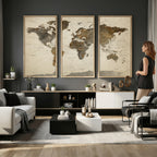 Vintage World Map Canvas Wall Art | Framed Antique Style Travel Map