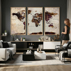 World Map Canvas Triptych | Colorful Global Wall Art for Living Rooms