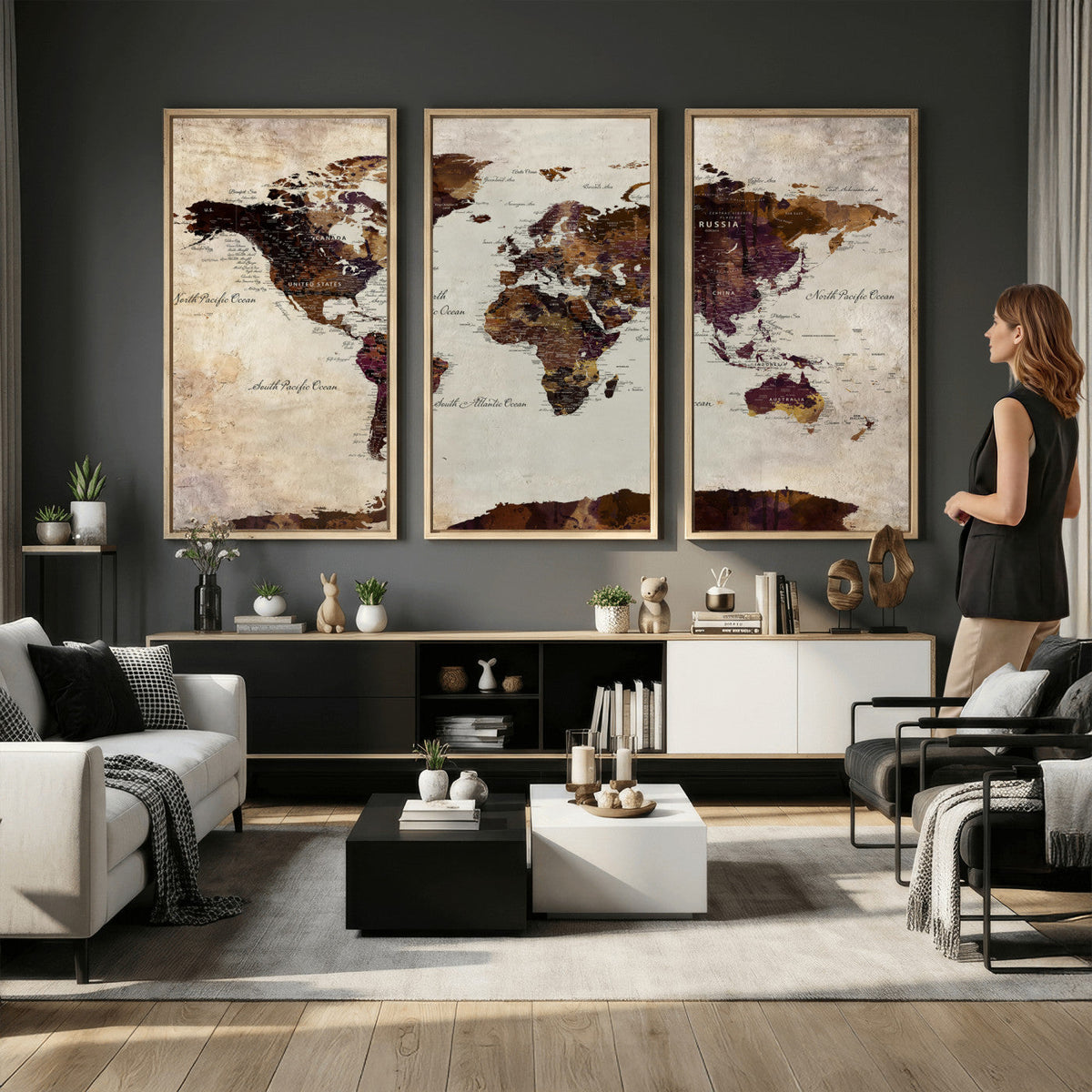 World Map Canvas Triptych | Colorful Global Wall Art for Living Rooms