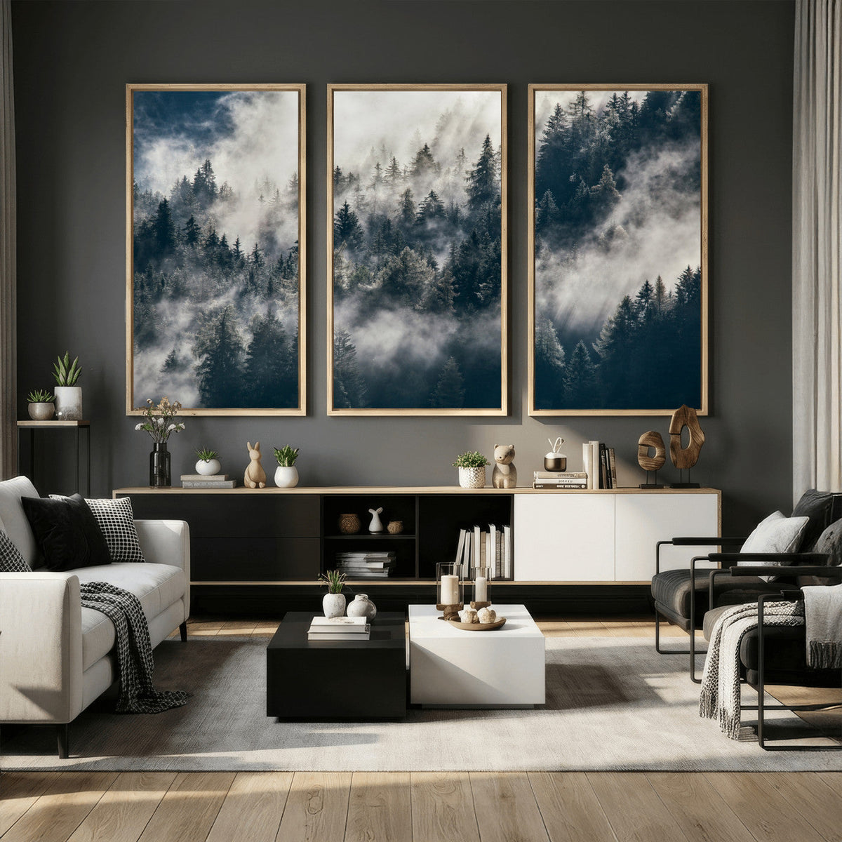 Foggy Mountain Forest Canvas Print, Misty Pine Trees Nature Wall Art