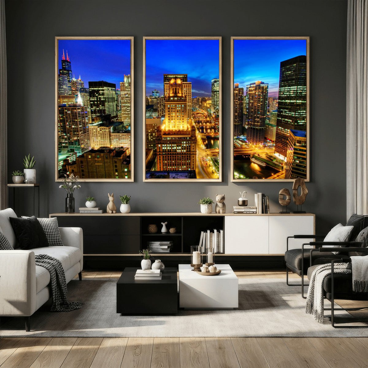 Chicago Wall Art Canvas Print - Chicago City Downtown Night Cityscape
