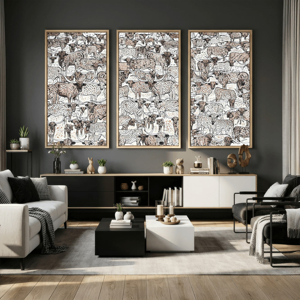 Abstract Texas Cow Wall Art Canvas Print, Farm Longhorn Art for Cabin Decor