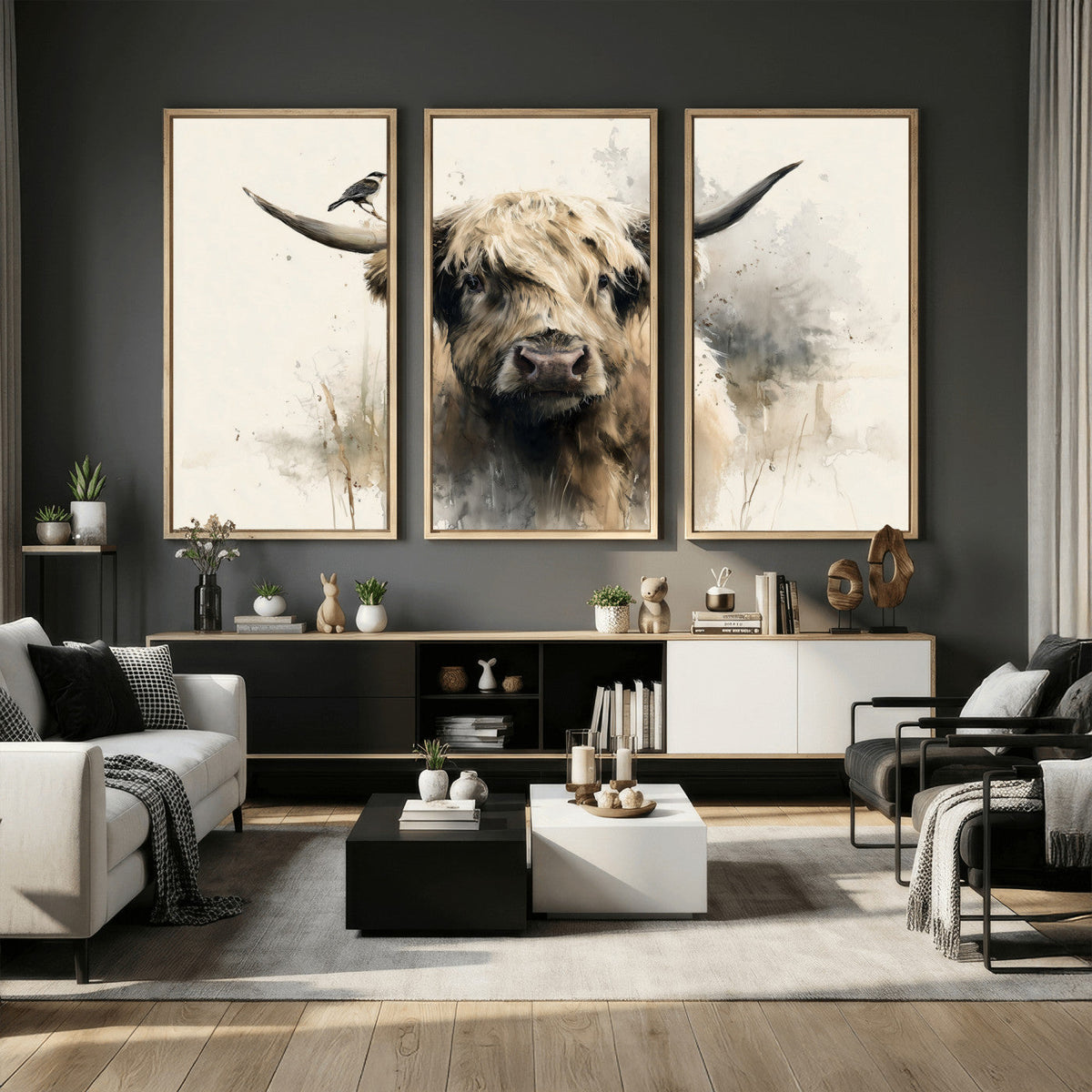 Abstract Highland Cow Wall Art Canvas Print, Rustic Farm Cattle Portrait