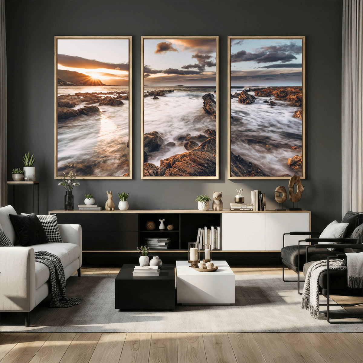 Rocky Coast Ocean Sunset Wall Art Canvas Print, Dramatic Seascape Nature Decor