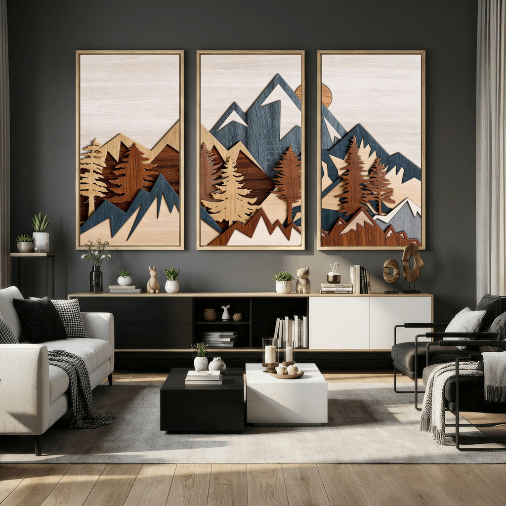Layered Wooden Mountain Wall Art Canvas Print, Modern Rustic Forest and Pine Landscape