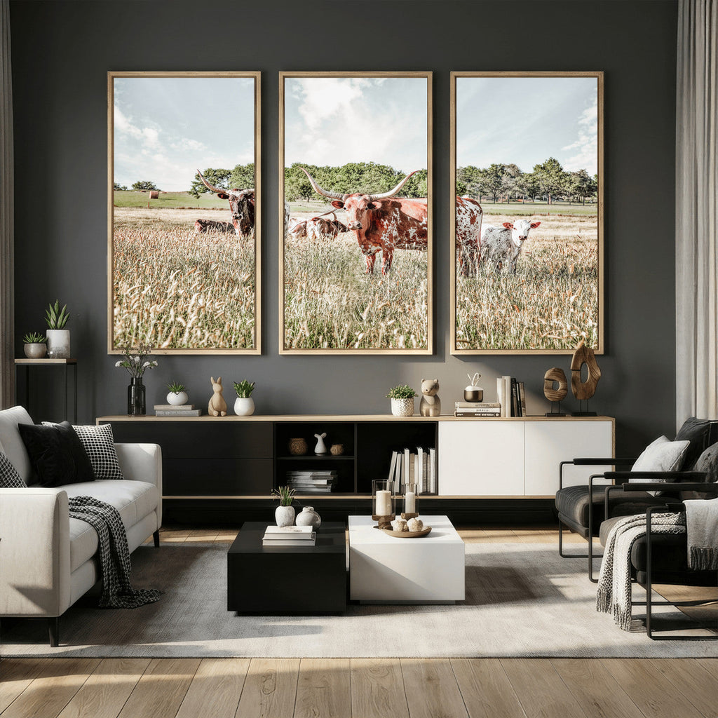 Texas Longhorn Cattle Wall Art Canvas Print, Western Ranch Landscape Decor