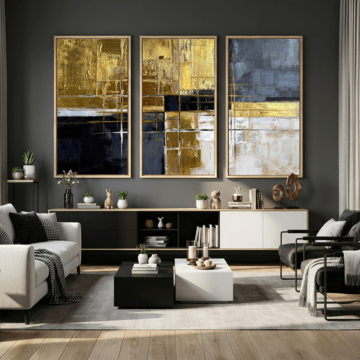 Gold Navy Abstract Wall Art Canvas Print, Modern Luxury Geometric Art for Living Room and Office