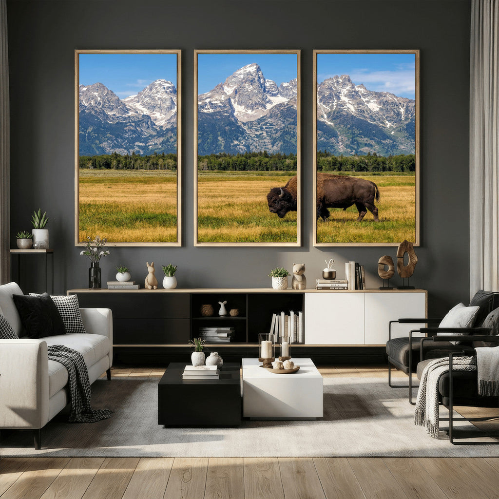 Bison in Mountain Landscape Wall Art Canvas Print, Western Decor