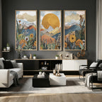 Boho Mountain Landscape Large Wall Art, Horizontal Gold Sun and Flowers Print