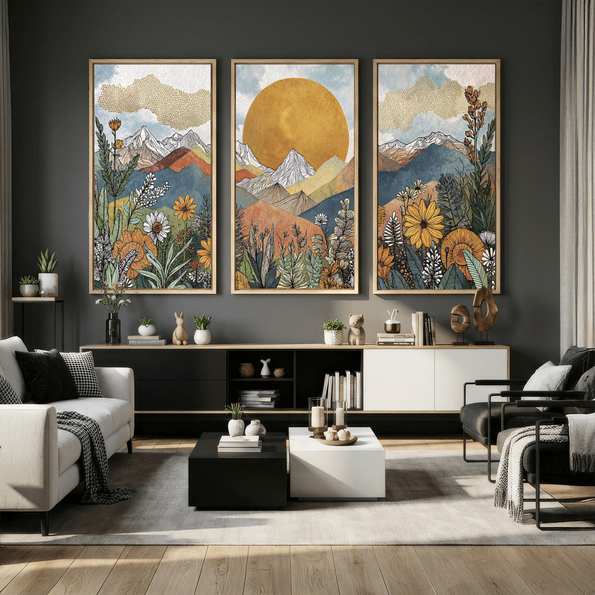 Boho Mountain Landscape Large Wall Art, Horizontal Gold Sun and Flowers Print