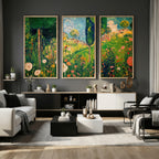 Gustav Klimt Boho Mountain Landscape Large Wall Art, Gold Sun and Flowers Print