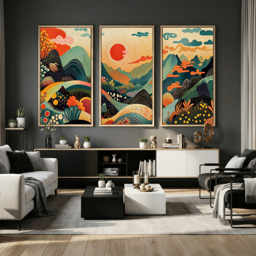 Yayoi Kusama Boho Mountain Landscape Large Wall Art, Gold Sun and Flowers Print