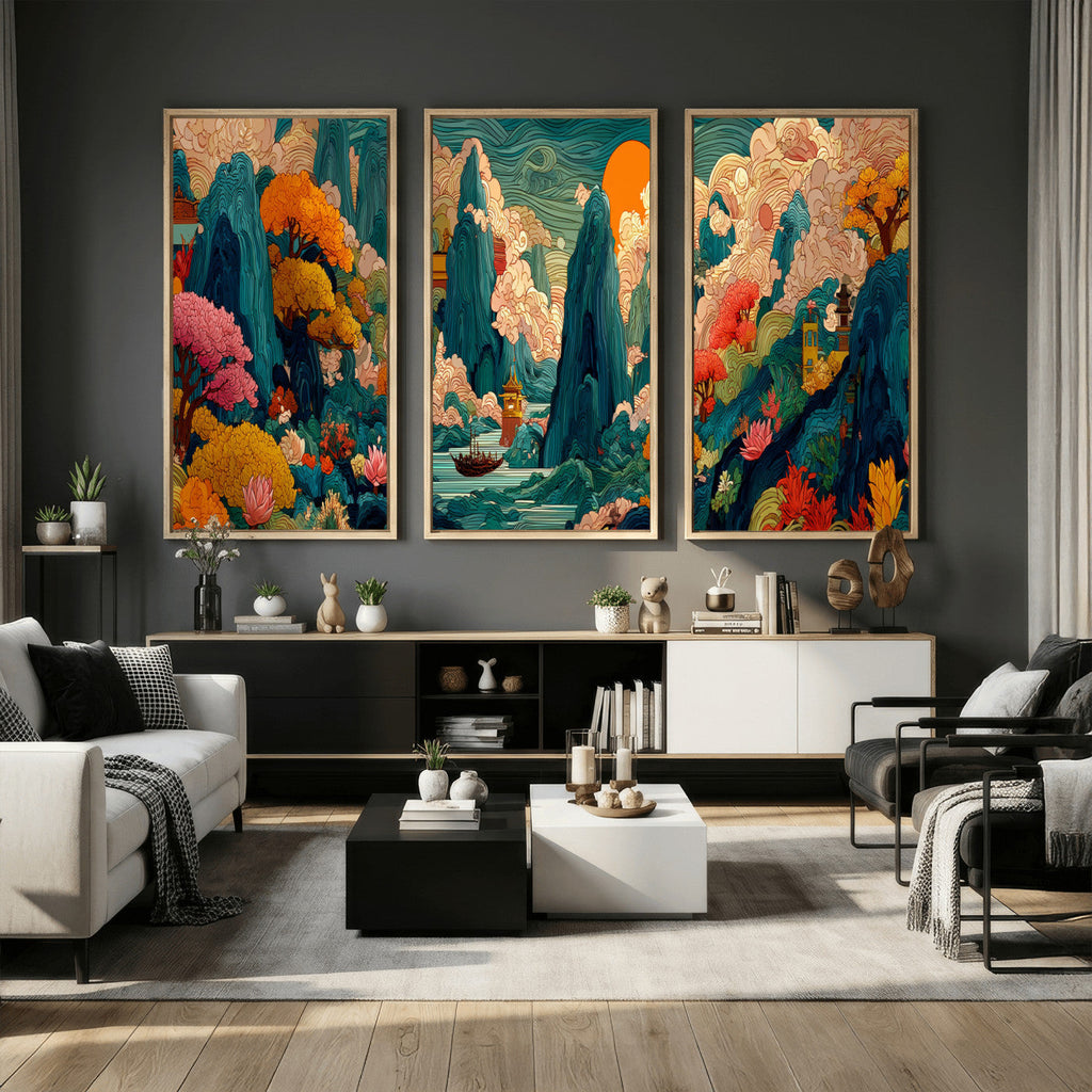 Colorful Japanese Landscape Print: Maximalist Panoramic Wall Art