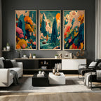 Colorful Japanese Landscape Print: Maximalist Panoramic Wall Art