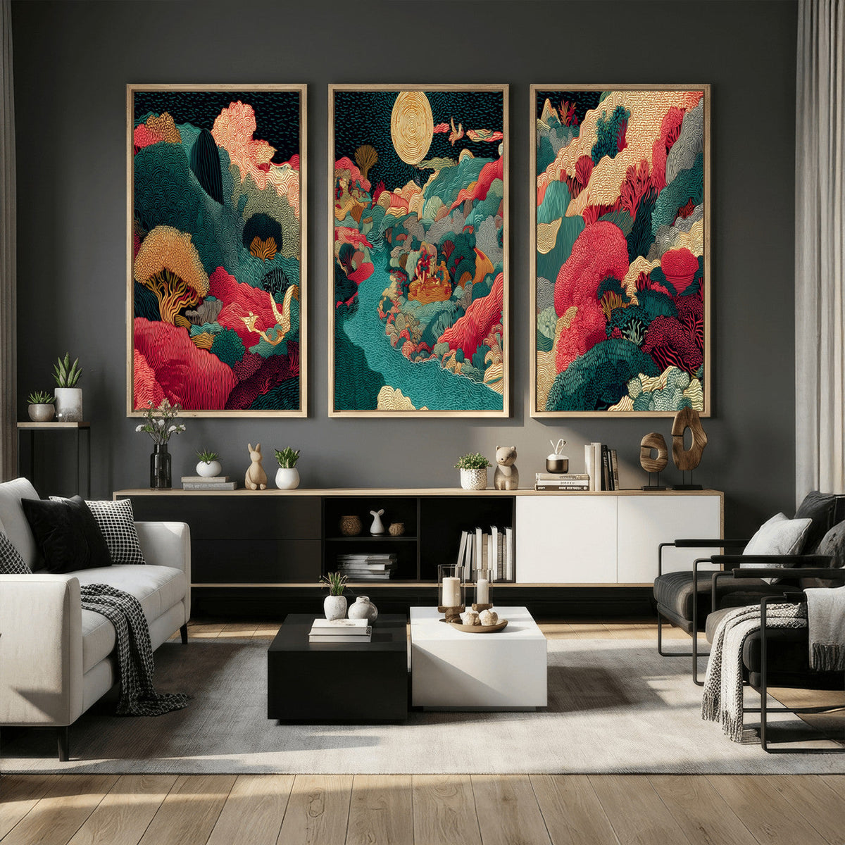 Colorful Japanese Landscape Print: Maximalist Panoramic Wall Art
