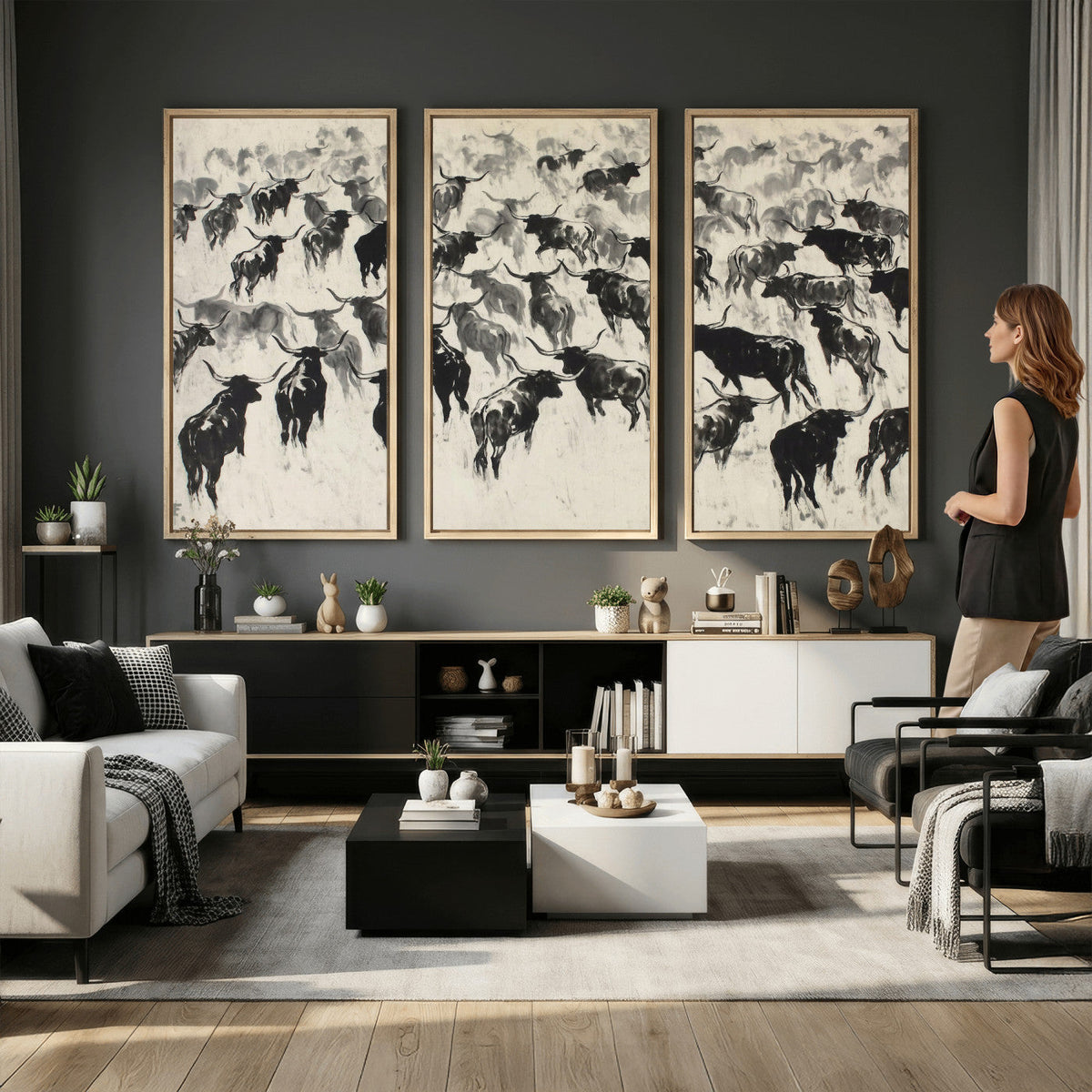Longhorn Cattle Canvas Wall Art, Black White Stampede Ink