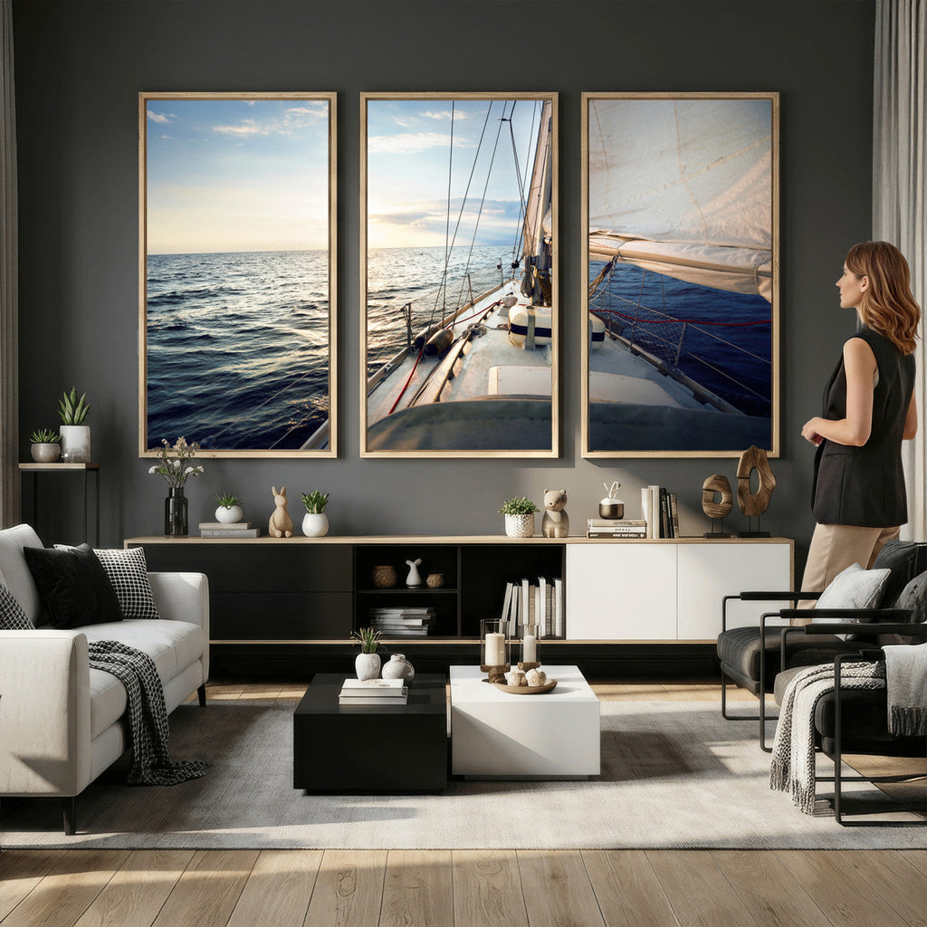 Sailboat Wall Art Canvas Print, Ocean Sunset Sailing Framed Artwork
