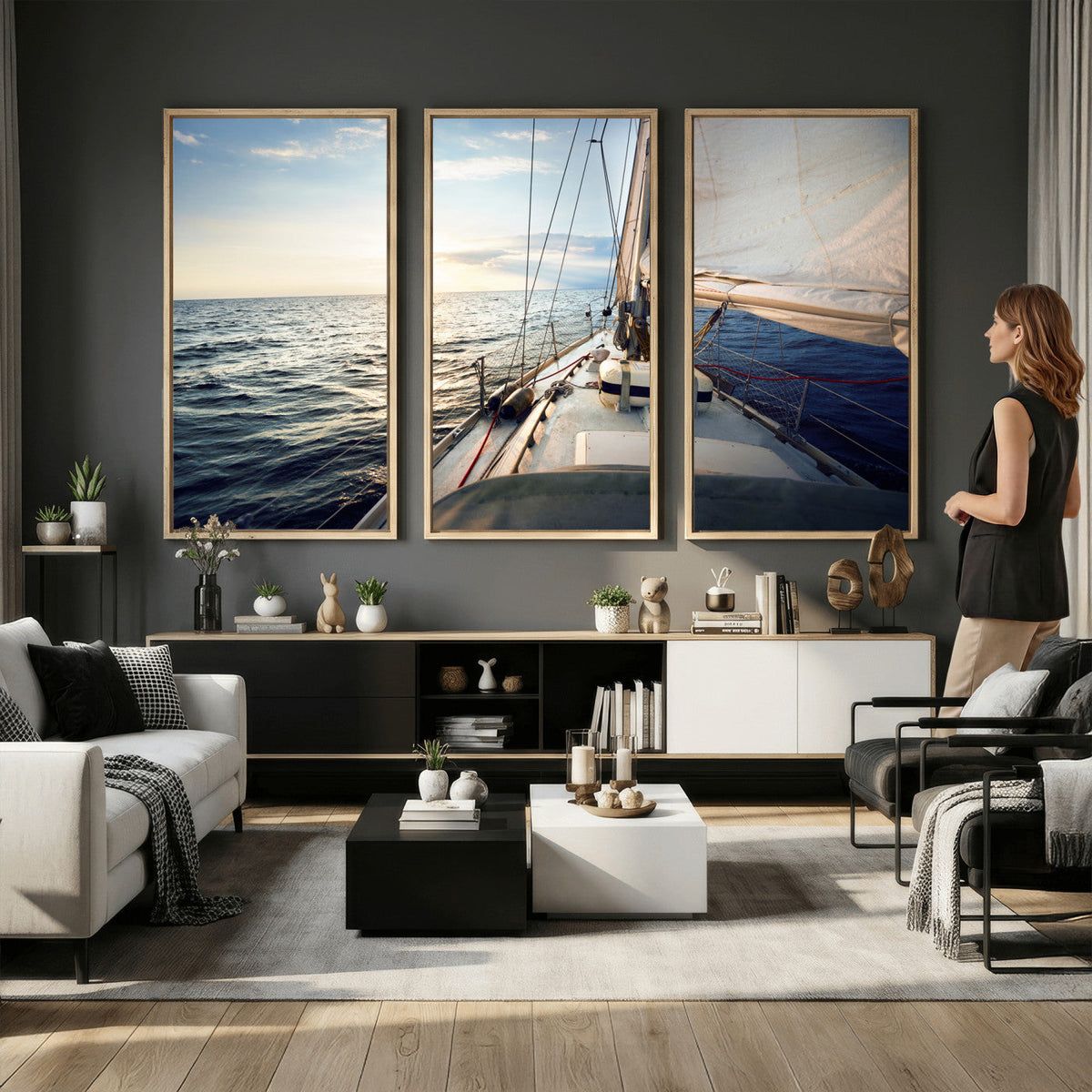 Sailboat Wall Art Canvas Print, Ocean Sunset Sailing Framed Artwork