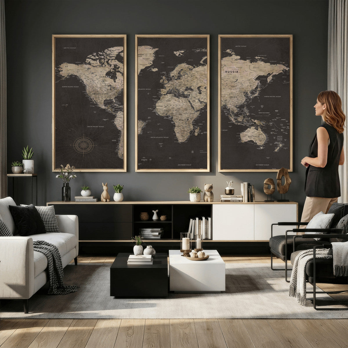 World Map Canvas Wall Art, Dark Charcoal and Antique Tan Detailed Map