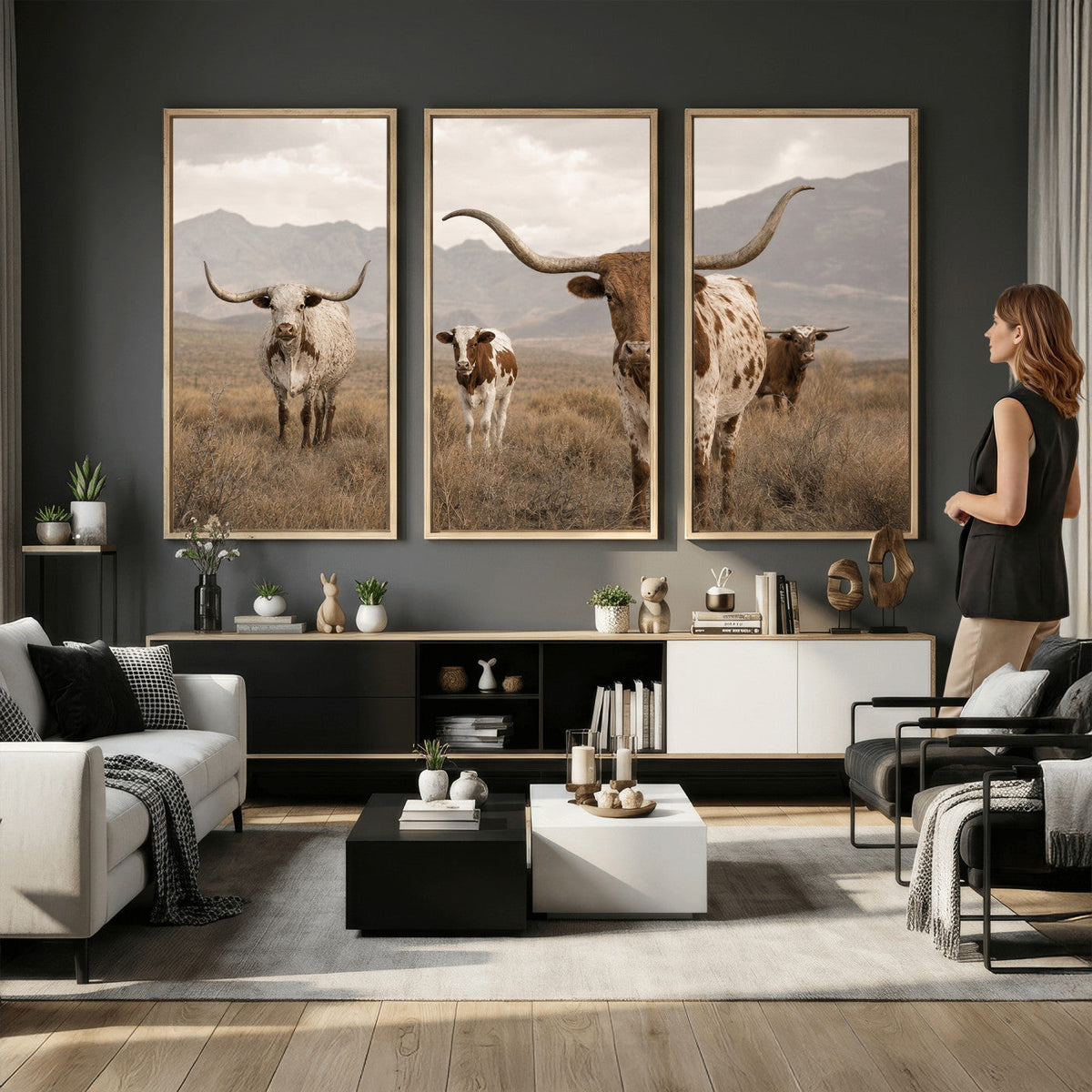Rustic Texas Longhorn Cow Canvas Wall Art Print, Farm Animal Photography