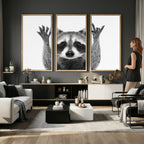 Funny Raccoon Canvas Wall Art, Black White Hands Up Animal Photo Print