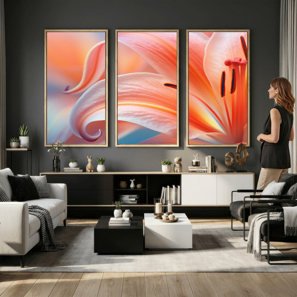 Peach Lily Canvas Wall Art, Coral Pink Flower Macro Photo Print, Botanical Decor