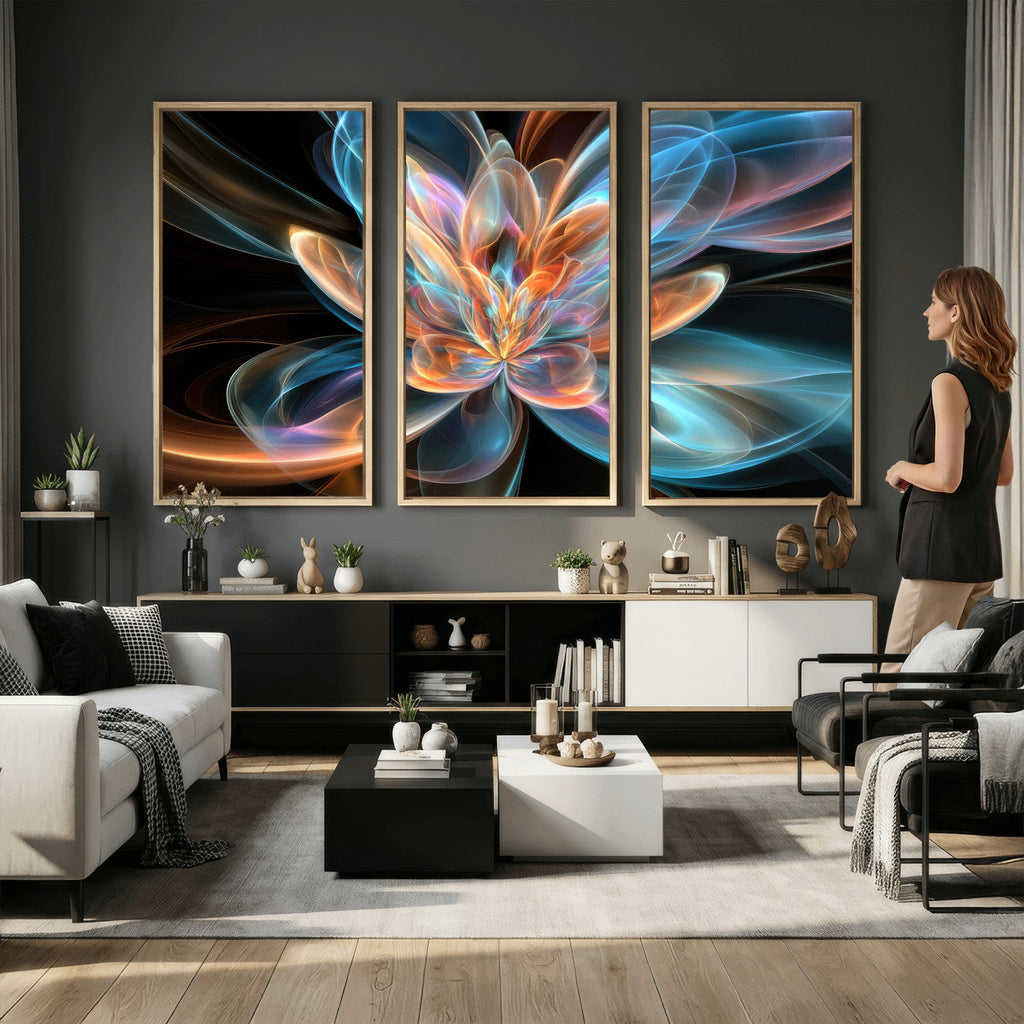 Fractal Lotus Canvas Wall Art, Blue Orange Glowing Flower Abstract Print