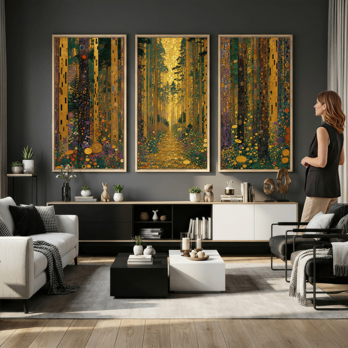Gustav Klimt Style Forest Canvas Wall Art, Golden Forest Path Floral Art Nouveau Print