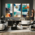 Blue Teal Abstract Canvas Wall Art, Modern Brushstroke Style Print, Navy Orange Contemporary Decor