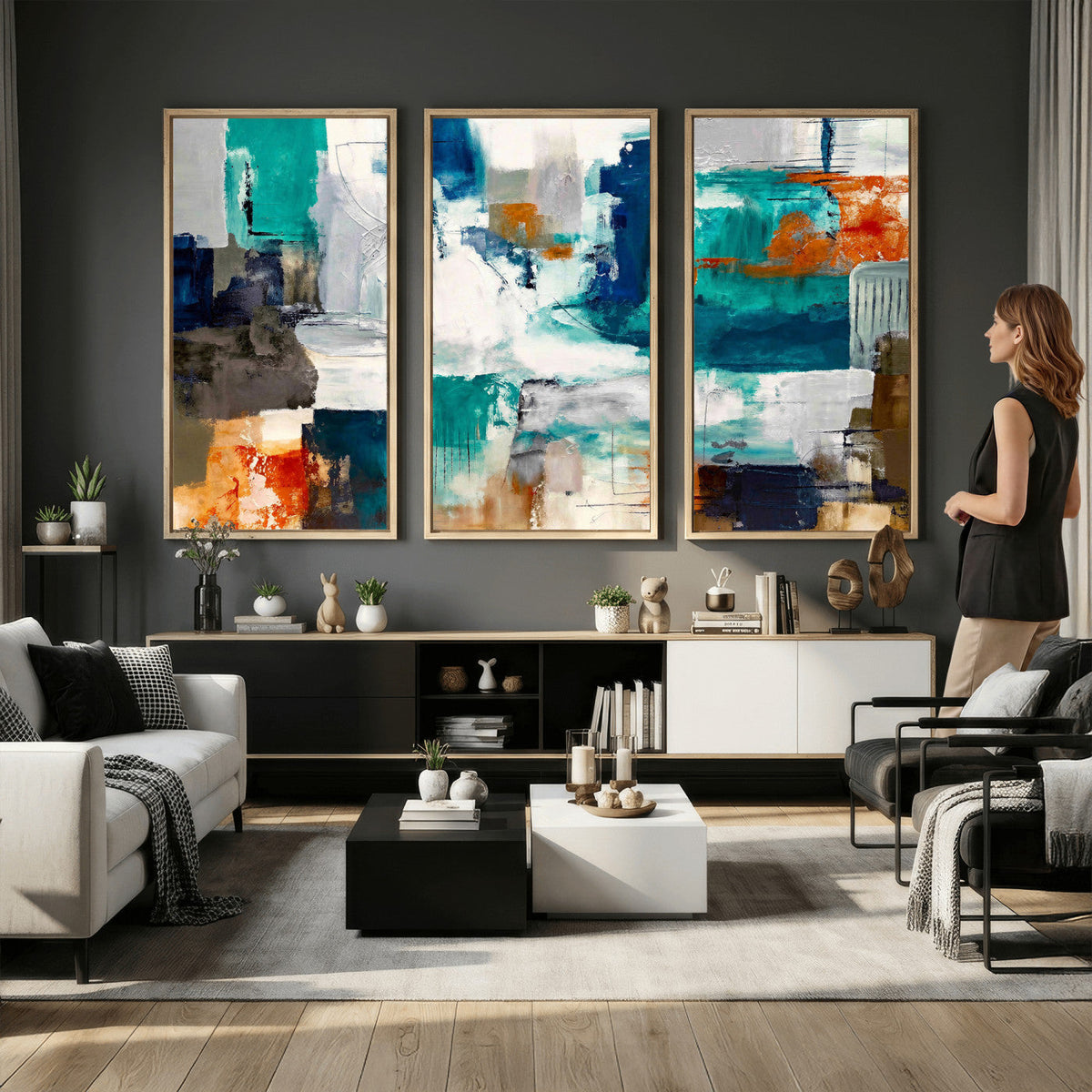 Blue Teal Abstract Canvas Wall Art, Modern Brushstroke Style Print, Navy Orange Contemporary Decor