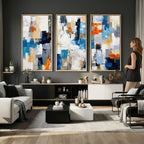 Blue Teal Abstract Canvas Wall Art, Modern Brushstroke Style Painting Print, Navy Orange Contemporary Decor