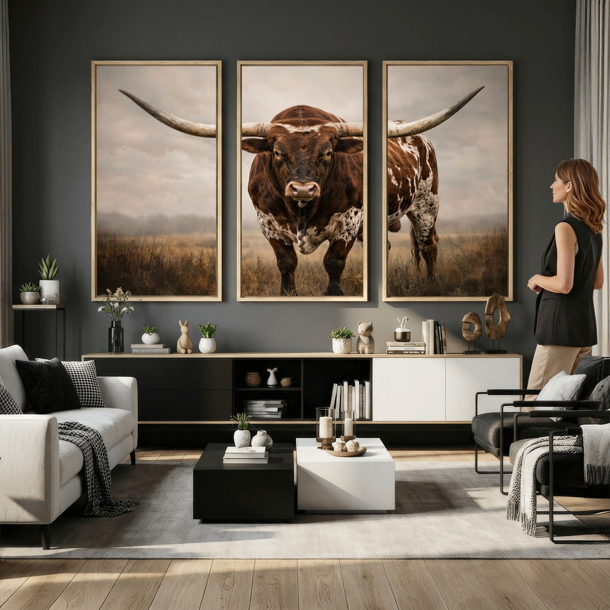 Texas Longhorn Wall Art Canvas Print | Brown Horned Bull Rustic Western Decor