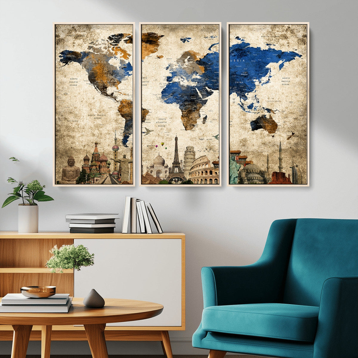 World Map Canvas Print | Vintage Blue and Gold World Map Wall Art