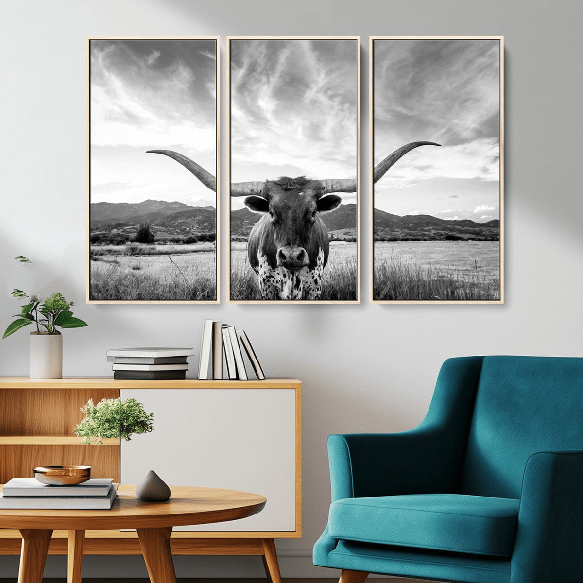 Longhorn Black and White Wall Art | Rustic Western Bull Canvas Print