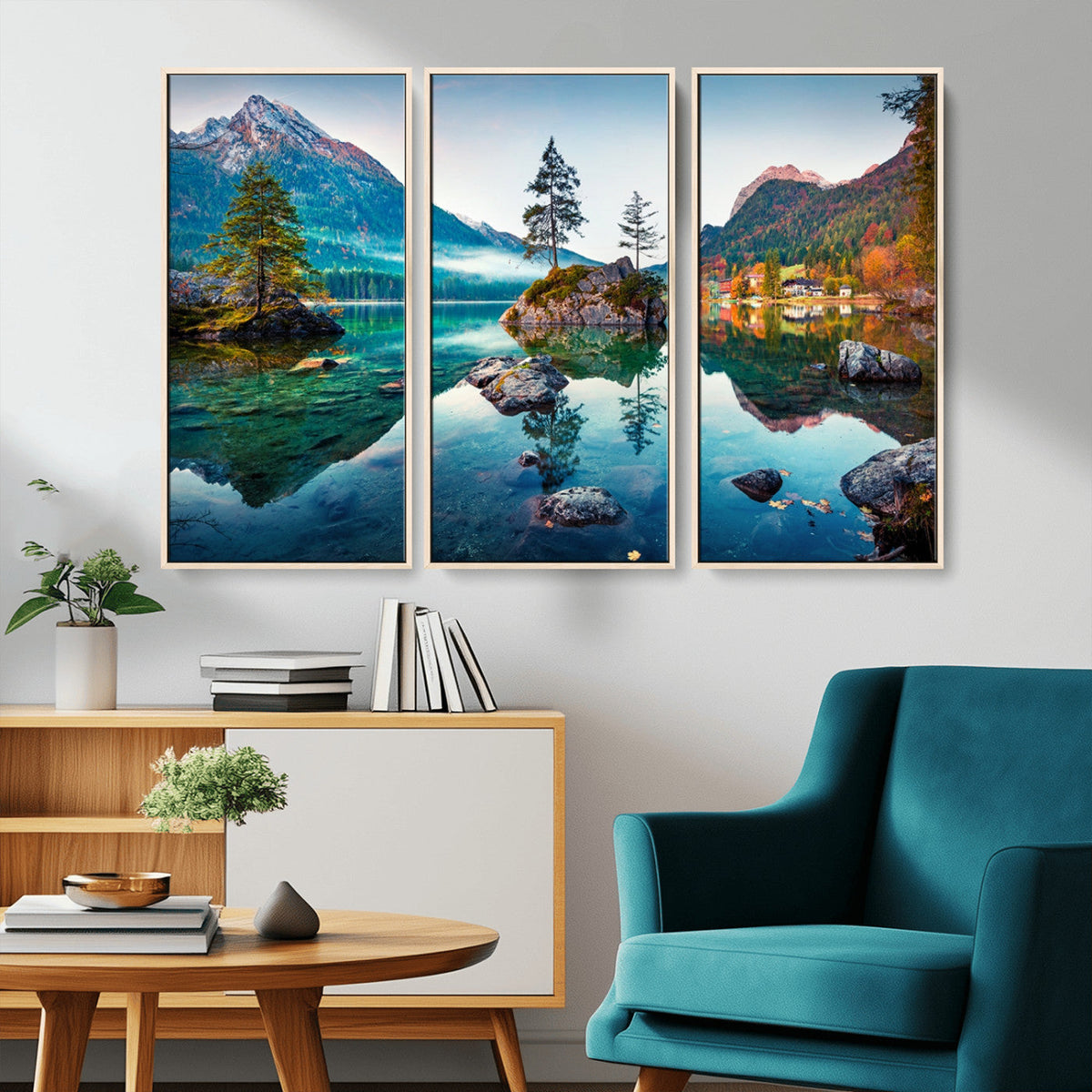 Crystal Clear Lake Wall Art | Mountains Wall Art Canvas | 3 Panel Landscape