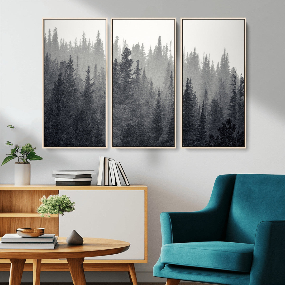 Misty Forest Canvas Wall Art | Monochrome Triptych Pine Tree Print
