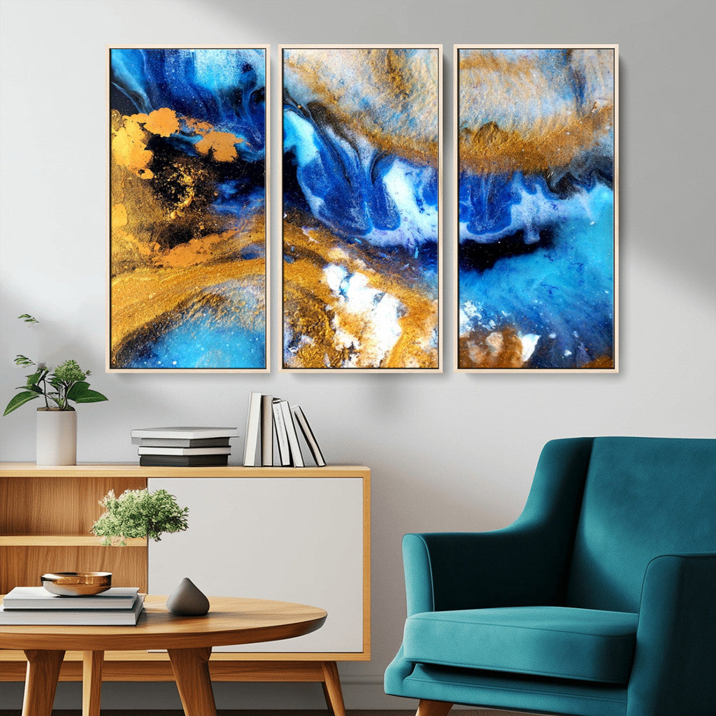 Blue Orange Marble Fluid Effect Canvas Wall Art Print
