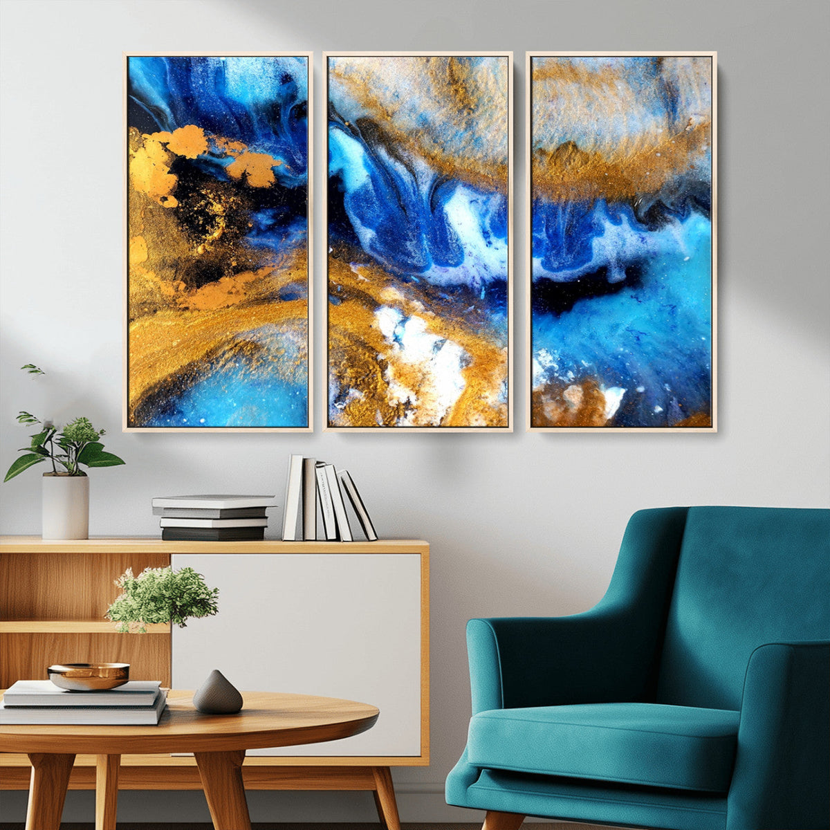 Blue Orange Marble Fluid Effect Canvas Wall Art Print